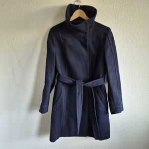 H&M Mock Neck Bavy Blue Tie Waist Pea Coat Winter Coat Womens Size 12